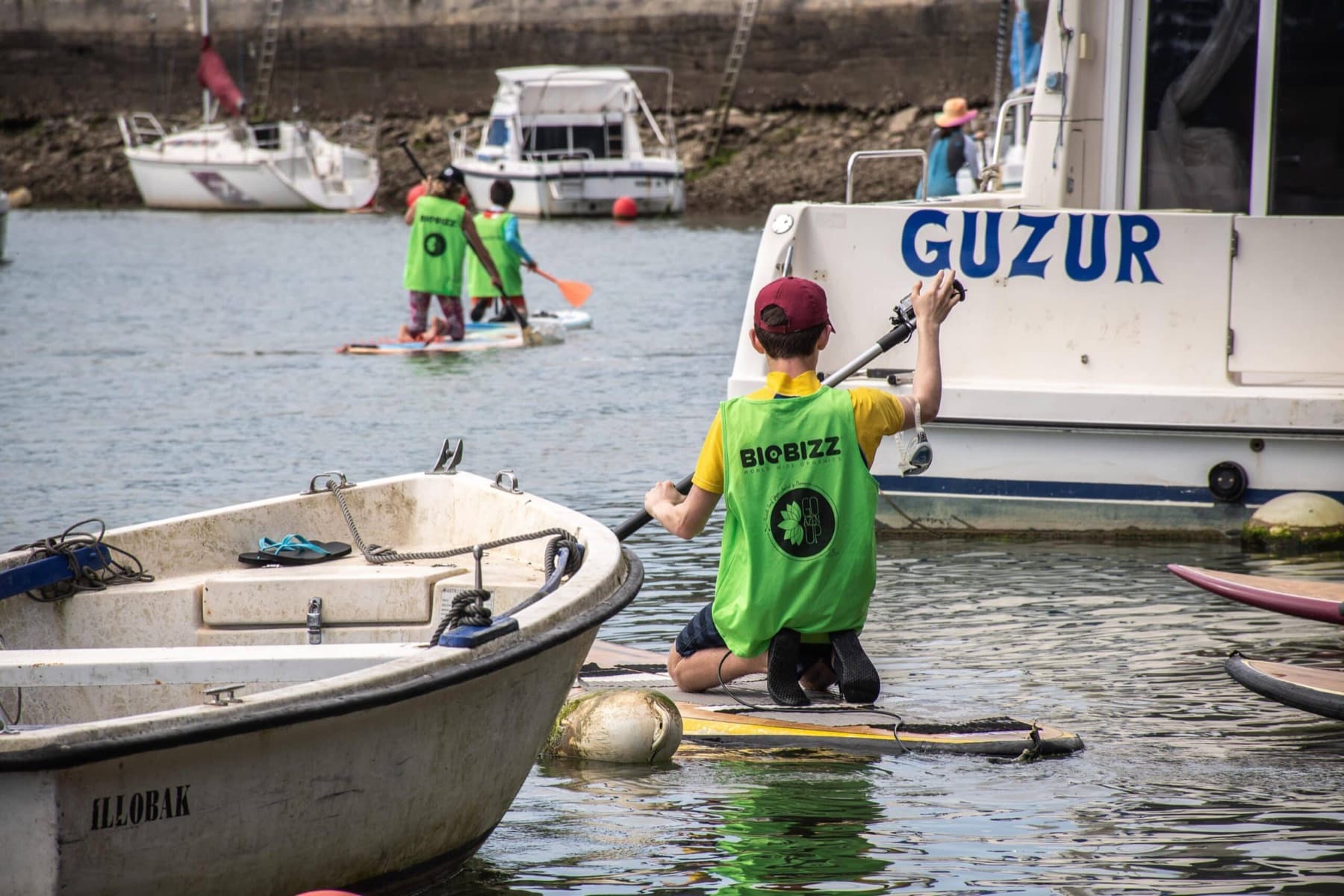 Young people paddling on stand-up paddle boards in a harbour